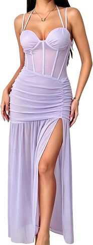 Womens Floral Dress Sexy Sheer Mesh Spaghetti Strap Bodycon Long Dress Night Party Club Slit Maxi Dress in Saudi Arabia
