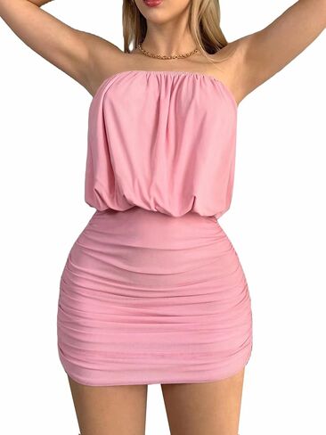 SHENHE Women's Y2k Strapless Mini Dress Ruched Bodycon Party Club Mesh Tube Top Dress in Kuwait
