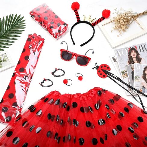 10 PCS Women Ladybug Costume Accessories - Ladybug Headbands Glasses Striped Gloves Tights Tutu for Halloween World Book Week Dress up in Saudi Arabia