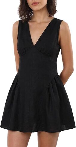 Amazhiyu Womens 100% Linen Deep V Neck Mini Dress Sleeveless Short A Line Dresses in Kuwait