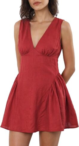 Amazhiyu Womens 100% Linen Deep V Neck Mini Dress Sleeveless Short A Line Dresses in Kuwait