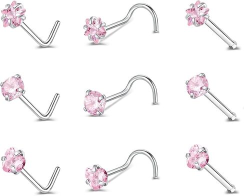 9PCS 20g Stainless Steel 316L Nose Studs Set, Hypoallergenic L-Shaped Screw & Bone Nose Rings, Round Heart Star Pink Cubic Zirconia Nose Piercing Jewelry for Women Men in Saudi Arabia