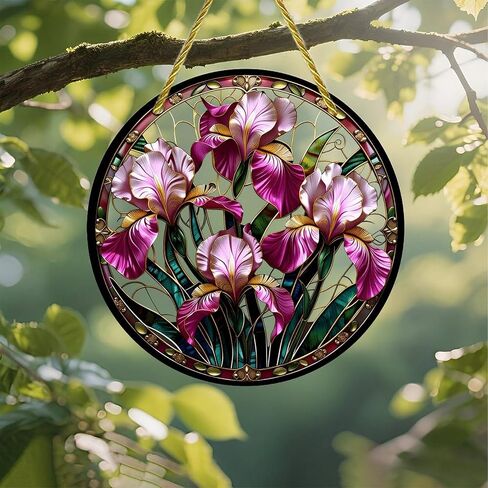 Colorful Acrylic Suncatcher, Stained Glass Iris Medallion 7-inch Hanging Window Wall Art Decor with Printed Stained Glass Style Design, Gift Idea & Garden Ornament Indoor Outdoor Use in Kuwait