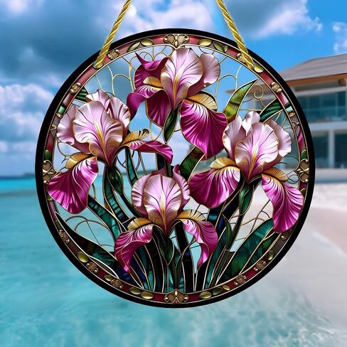 Colorful Acrylic Suncatcher, Stained Glass Iris Medallion 7-inch Hanging Window Wall Art Decor with Printed Stained Glass Style Design, Gift Idea & Garden Ornament Indoor Outdoor Use in Kuwait