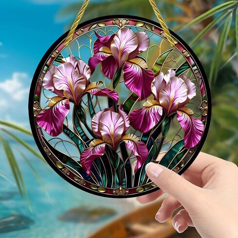 Colorful Acrylic Suncatcher, Stained Glass Iris Medallion 7-inch Hanging Window Wall Art Decor with Printed Stained Glass Style Design, Gift Idea & Garden Ornament Indoor Outdoor Use in Kuwait