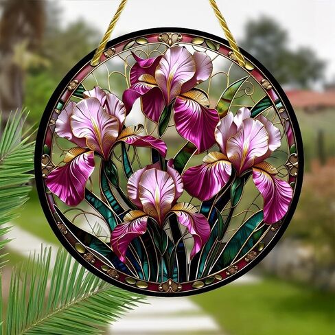Colorful Acrylic Suncatcher, Stained Glass Iris Medallion 7-inch Hanging Window Wall Art Decor with Printed Stained Glass Style Design, Gift Idea & Garden Ornament Indoor Outdoor Use in Kuwait
