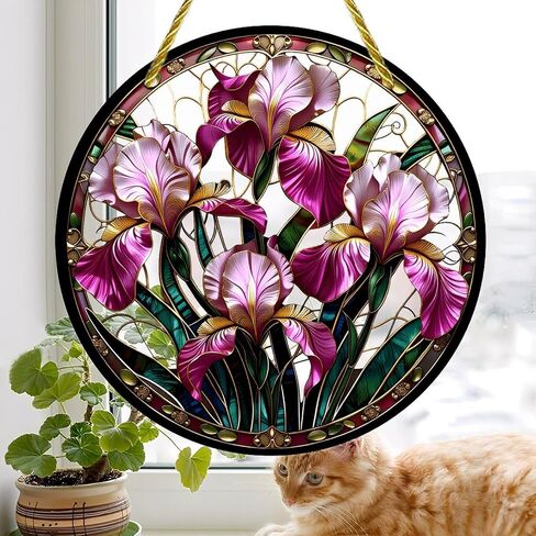 Colorful Acrylic Suncatcher, Stained Glass Iris Medallion 7-inch Hanging Window Wall Art Decor with Printed Stained Glass Style Design, Gift Idea & Garden Ornament Indoor Outdoor Use in Kuwait