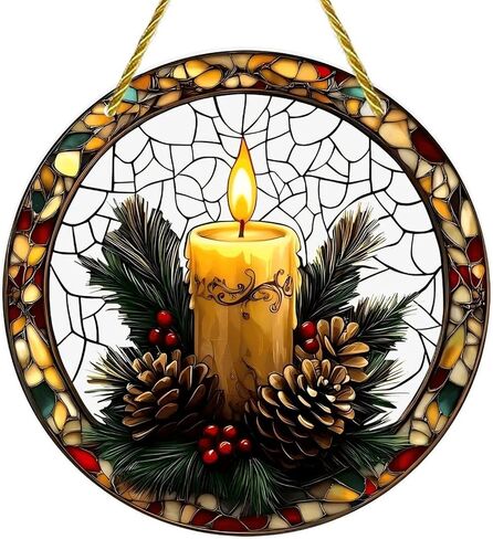 Colorful Acrylic Suncatcher, Christmas Candlelight Stained Glass Wreath 7-inch Hanging Window Wall Art Decor with Printed Stained Glass Style Design, Gift Idea & Garden Ornament Indoor Outdoor Use in Kuwait