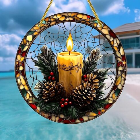 Colorful Acrylic Suncatcher, Christmas Candlelight Stained Glass Wreath 7-inch Hanging Window Wall Art Decor with Printed Stained Glass Style Design, Gift Idea & Garden Ornament Indoor Outdoor Use in Kuwait