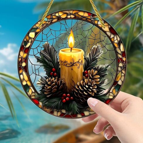 Colorful Acrylic Suncatcher, Christmas Candlelight Stained Glass Wreath 7-inch Hanging Window Wall Art Decor with Printed Stained Glass Style Design, Gift Idea & Garden Ornament Indoor Outdoor Use in Kuwait