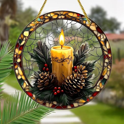 Colorful Acrylic Suncatcher, Christmas Candlelight Stained Glass Wreath 7-inch Hanging Window Wall Art Decor with Printed Stained Glass Style Design, Gift Idea & Garden Ornament Indoor Outdoor Use in Kuwait