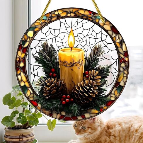 Colorful Acrylic Suncatcher, Christmas Candlelight Stained Glass Wreath 7-inch Hanging Window Wall Art Decor with Printed Stained Glass Style Design, Gift Idea & Garden Ornament Indoor Outdoor Use in Kuwait