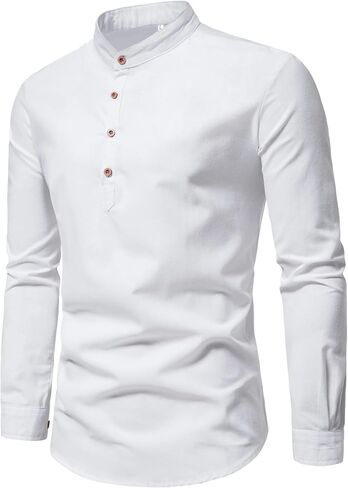 Men's Spring Fall Long Sleeve Stand Up Collar Shirt Slim Fit Casual Top Solid Color Soft Basic Tops in Kuwait