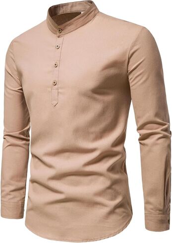 Men's Spring Fall Long Sleeve Stand Up Collar Shirt Slim Fit Casual Top Solid Color Soft Basic Tops in Kuwait