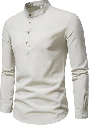 Men's Spring Fall Long Sleeve Stand Up Collar Shirt Slim Fit Casual Top Solid Color Soft Basic Tops in Kuwait