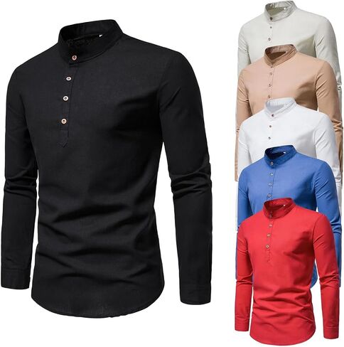 Men's Spring Fall Long Sleeve Stand Up Collar Shirt Slim Fit Casual Top Solid Color Soft Basic Tops in Kuwait
