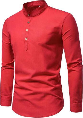 Men's Spring Fall Long Sleeve Stand Up Collar Shirt Slim Fit Casual Top Solid Color Soft Basic Tops in Kuwait