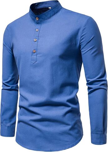 Men's Spring Fall Long Sleeve Stand Up Collar Shirt Slim Fit Casual Top Solid Color Soft Basic Tops in Kuwait