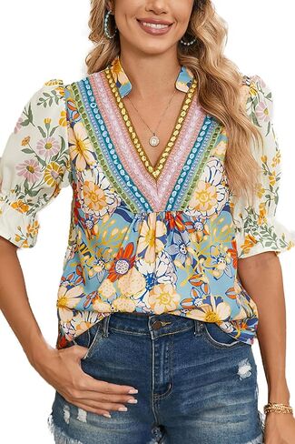 Summer Boho Tops for Women Floral Crochet V Neck Half Sleeve Blouse Dressy 2026 Going Out Shirts in Saudi Arabia