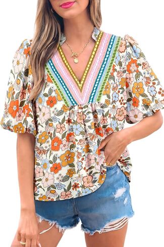 Summer Boho Tops for Women Floral Crochet V Neck Half Sleeve Blouse Dressy 2026 Going Out Shirts in Saudi Arabia