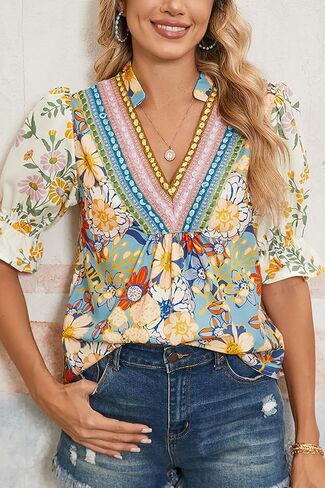 Summer Boho Tops for Women Floral Crochet V Neck Half Sleeve Blouse Dressy 2026 Going Out Shirts in Saudi Arabia