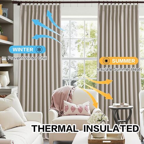 Extra Wide Blackout Linen Curtains for Sliding Door Pinch Pleated Curtains 84 Inches Long with Hooks Insulated Room Darkening Drapes for Living Room Bedroom 100"Wx84"L Natural 1 Panel in Saudi Arabia