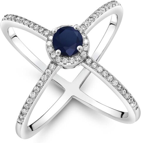 Gem Stone King 925 Sterling Silver Blue Sapphire Criss Cross X Ring For Women | 1.42 Cttw | Round 5MM | Gemstone Birthstone | Wedding Engagement Anniversary Promise Ring For Women in Saudi Arabia