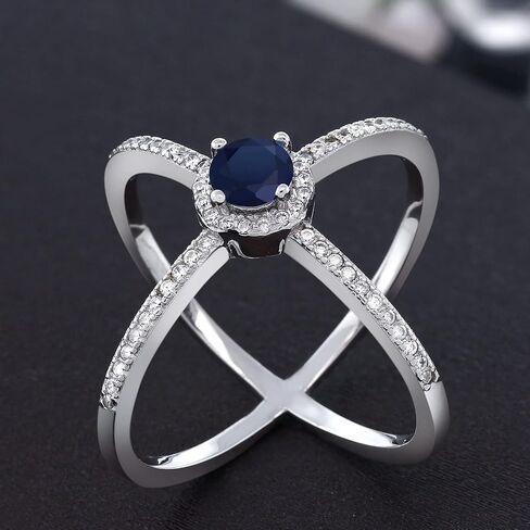 Gem Stone King 925 Sterling Silver Blue Sapphire Criss Cross X Ring For Women | 1.42 Cttw | Round 5MM | Gemstone Birthstone | Wedding Engagement Anniversary Promise Ring For Women in Saudi Arabia