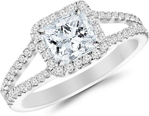 Houston Diamond District 2.36 Carat t.w. Princess Shape/Center Silver Halo Style Double Row Pave Split Shank CZ Engagement Ring Sterling Silver in Kuwait