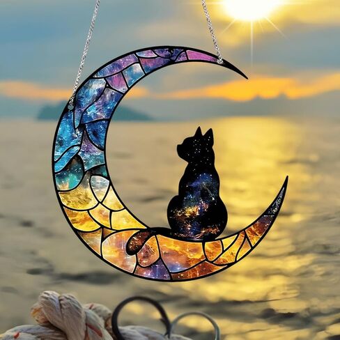1PC Moon with Silhouette Cat Acrylic Suncatcher Hanging, 5.9 inch Window Decor with Printed Stained Glass Style Design, Rainbow Maker Wall Art, Gift Idea & Garden Ornament Indoor Outdoor Use in Kuwait
