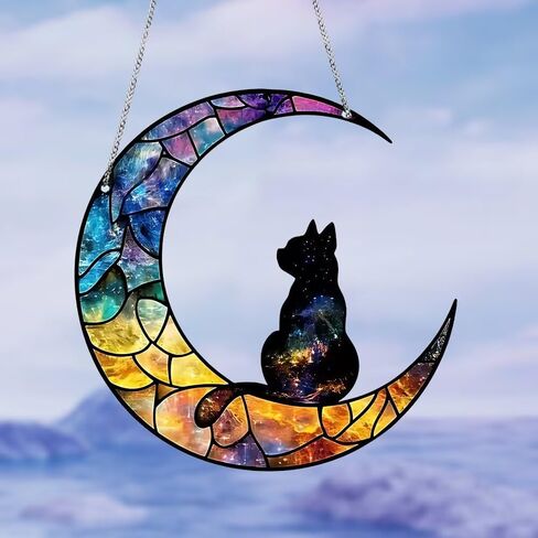 1PC Moon with Silhouette Cat Acrylic Suncatcher Hanging, 5.9 inch Window Decor with Printed Stained Glass Style Design, Rainbow Maker Wall Art, Gift Idea & Garden Ornament Indoor Outdoor Use in Kuwait