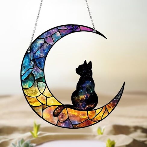 1PC Moon with Silhouette Cat Acrylic Suncatcher Hanging, 5.9 inch Window Decor with Printed Stained Glass Style Design, Rainbow Maker Wall Art, Gift Idea & Garden Ornament Indoor Outdoor Use in Kuwait