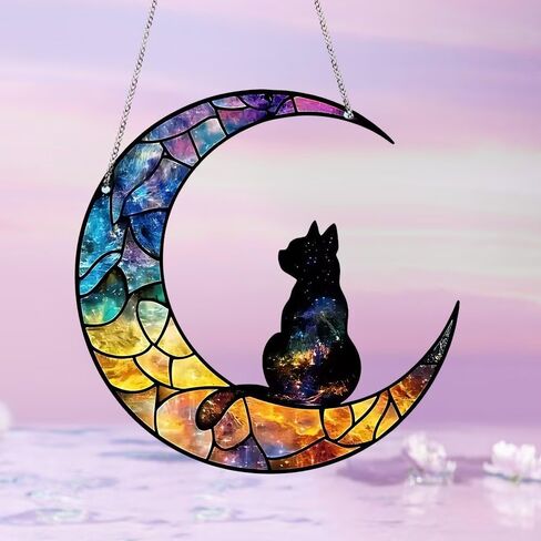 1PC Moon with Silhouette Cat Acrylic Suncatcher Hanging, 5.9 inch Window Decor with Printed Stained Glass Style Design, Rainbow Maker Wall Art, Gift Idea & Garden Ornament Indoor Outdoor Use in Kuwait