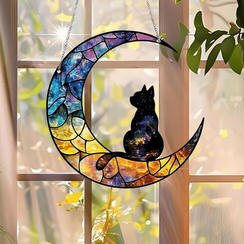 1PC Moon with Silhouette Cat Acrylic Suncatcher Hanging, 5.9 inch Window Decor with Printed Stained Glass Style Design, Rainbow Maker Wall Art, Gift Idea & Garden Ornament Indoor Outdoor Use in Kuwait