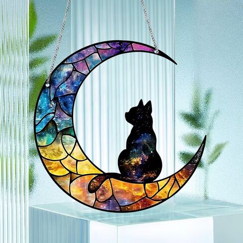 1PC Moon with Silhouette Cat Acrylic Suncatcher Hanging, 5.9 inch Window Decor with Printed Stained Glass Style Design, Rainbow Maker Wall Art, Gift Idea & Garden Ornament Indoor Outdoor Use in Kuwait