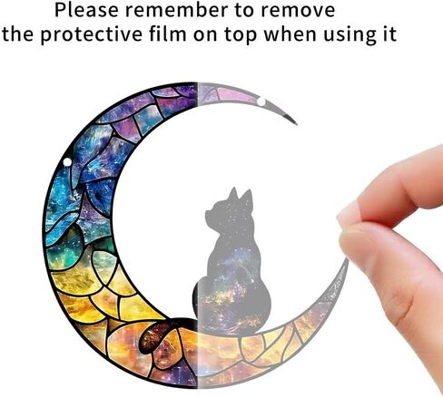 1PC Moon with Silhouette Cat Acrylic Suncatcher Hanging, 5.9 inch Window Decor with Printed Stained Glass Style Design, Rainbow Maker Wall Art, Gift Idea & Garden Ornament Indoor Outdoor Use in Kuwait