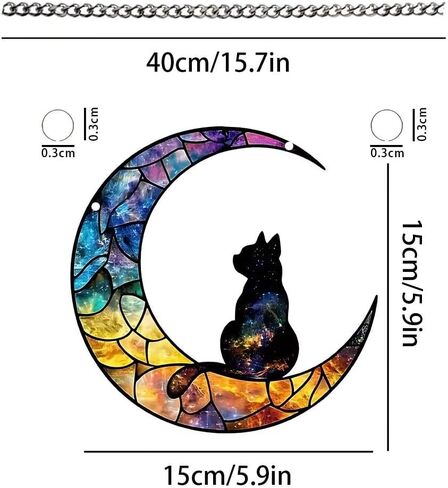 1PC Moon with Silhouette Cat Acrylic Suncatcher Hanging, 5.9 inch Window Decor with Printed Stained Glass Style Design, Rainbow Maker Wall Art, Gift Idea & Garden Ornament Indoor Outdoor Use in Kuwait