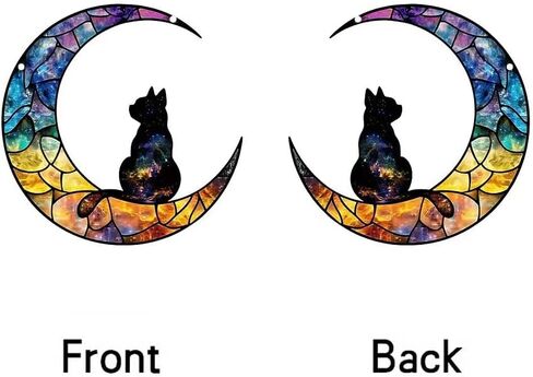 1PC Moon with Silhouette Cat Acrylic Suncatcher Hanging, 5.9 inch Window Decor with Printed Stained Glass Style Design, Rainbow Maker Wall Art, Gift Idea & Garden Ornament Indoor Outdoor Use in Kuwait