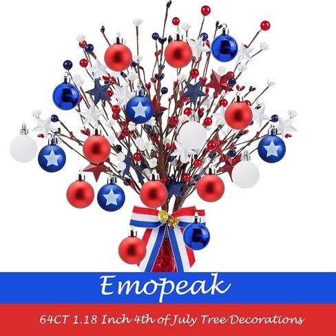 Emopeak 4th of July Tree Balls Ornaments, 64 Count Mini 1.2 Inch Memorial Day Decorations Shatterproof Hanging Ornament for Tree, Independence Day American Party Patriotic Red White and Blue Decor in Saudi Arabia