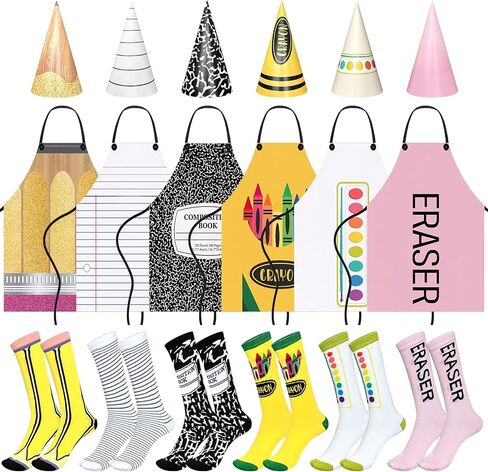 18 Pcs/6 Sets Stationery Group Costume for Adults Pencil Costume Teachers Apron Costume Bulk Back to School Gift Includes Apron Sock Hat for Funny Crayon Pencil Dress Outfit Cosplay Dress up in Saudi Arabia