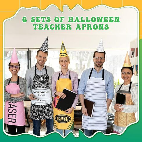 18 Pcs/6 Sets Stationery Group Costume for Adults Pencil Costume Teachers Apron Costume Bulk Back to School Gift Includes Apron Sock Hat for Funny Crayon Pencil Dress Outfit Cosplay Dress up in Saudi Arabia