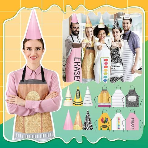 18 Pcs/6 Sets Stationery Group Costume for Adults Pencil Costume Teachers Apron Costume Bulk Back to School Gift Includes Apron Sock Hat for Funny Crayon Pencil Dress Outfit Cosplay Dress up in Saudi Arabia