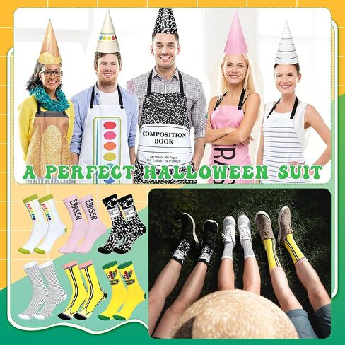 18 Pcs/6 Sets Stationery Group Costume for Adults Pencil Costume Teachers Apron Costume Bulk Back to School Gift Includes Apron Sock Hat for Funny Crayon Pencil Dress Outfit Cosplay Dress up in Saudi Arabia