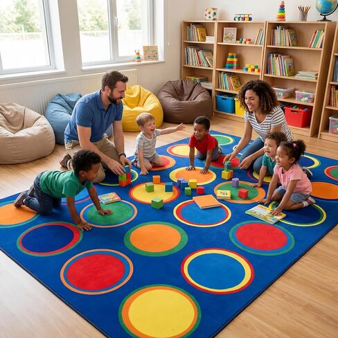 Classroom Carpets Playmat Rugs with Spots, 6x9 ft 24 Seat Classroom Kids Circle Time Learning Area Rugs, Colorful Dot Children's Nursery Sitting Play Mat for Preschool Kindergarten Playroom Daycare in Kuwait