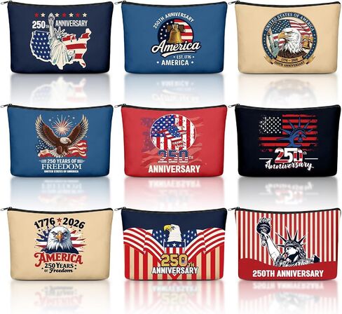 9 Pcs 250th Anniversary Merchandise Gift USA for Women America Patriotic Canvas Makeup Bags with Zipper Celebrating 1776-2026 4th of July Independence Day Purse Memorial Day Commemorative Party Favor in Kuwait