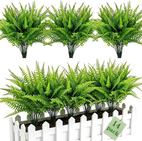 14 Bundles Artificial Ferns for Outdoor, Fake Persian Fern Greenery Shrubs, UV Resistant Faux Plants Outdoor Decor, Realistic Green Grass for Garden Porch Window Box Home Decor in Kuwait