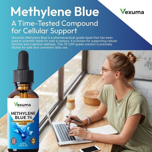 Methylene Blue Drops for Humans (Manufactured in USA) - Pharmaceutical Grade USP Certified 1% Solution Antioxidant Supplement for Brain & Skin Health - 2 fl oz Liquid No Formaldehyde Alcohol-Free in Kuwait
