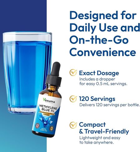 Methylene Blue Drops for Humans (Manufactured in USA) - Pharmaceutical Grade USP Certified 1% Solution Antioxidant Supplement for Brain & Skin Health - 2 fl oz Liquid No Formaldehyde Alcohol-Free in Kuwait