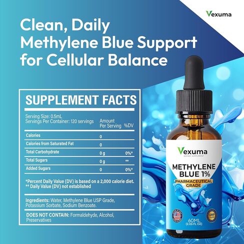 Methylene Blue Drops for Humans (Manufactured in USA) - Pharmaceutical Grade USP Certified 1% Solution Antioxidant Supplement for Brain & Skin Health - 2 fl oz Liquid No Formaldehyde Alcohol-Free in Kuwait