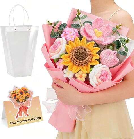 Crochet Flower Bouquet - Handmade Knitted Sunflower Crochet Flowers, Pink Crochet Bouquet Gift for Mom, Wife, Women, Mother's Day, Birthday, Graduation, Teacher Gifts with Gift Bag & Card in Saudi Arabia